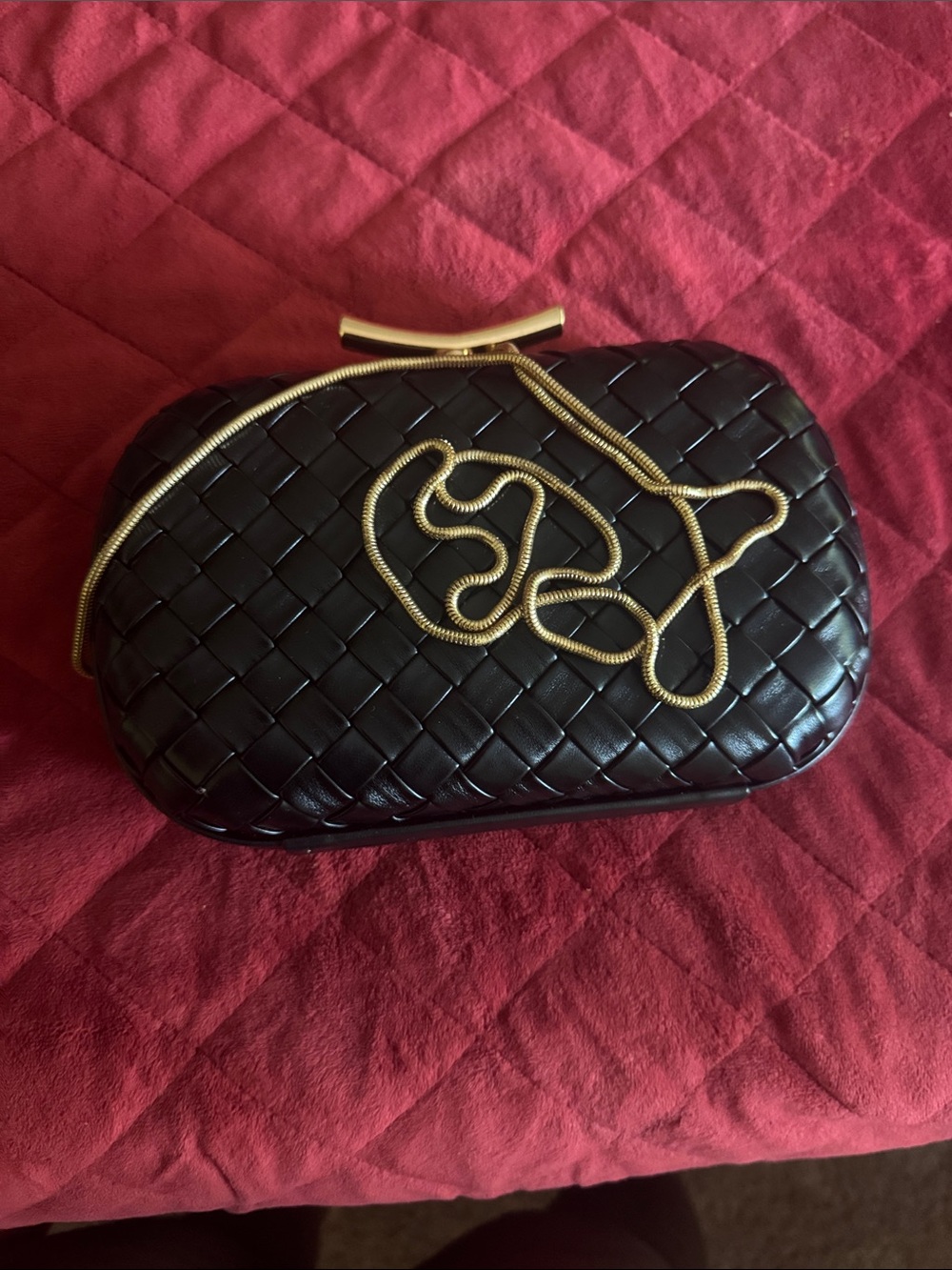 Black Woven Leather Clutch with Gold Chain Strap